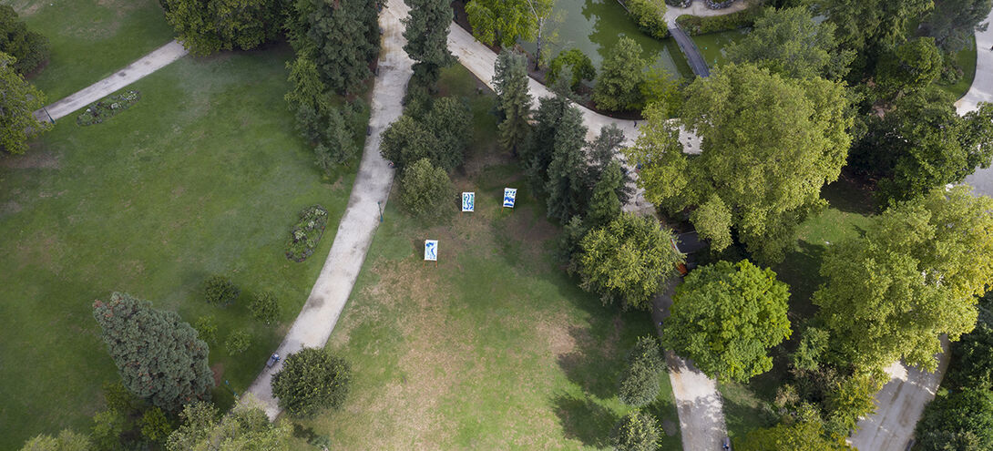 Vue drone du jardin public avec les ombrières de Jean Mallard