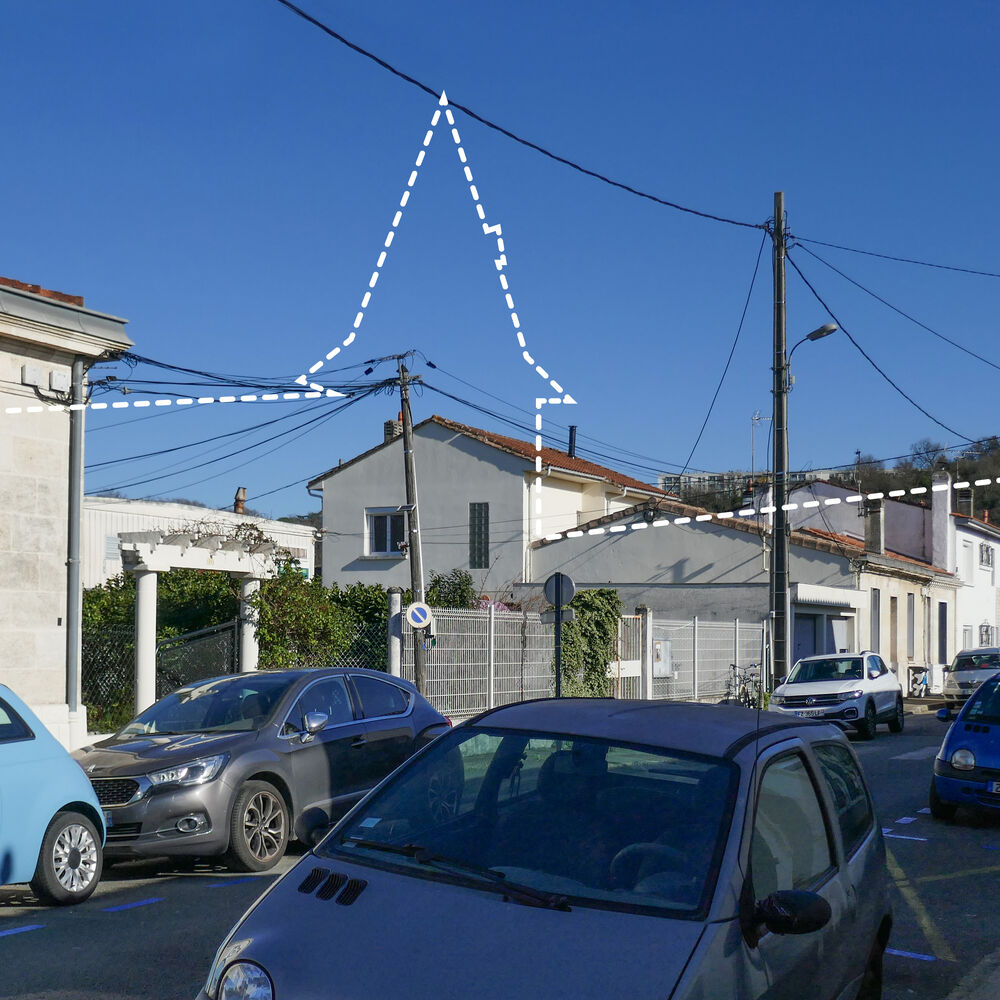 Rue Brunereau Cenon, en 2023 - simulation de l'emplacement de la chapelle disparue
