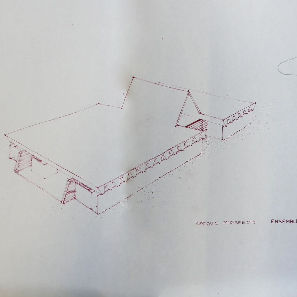 Croquis perspective de l'église par l'agence d'architecture GPA 7, 1966.