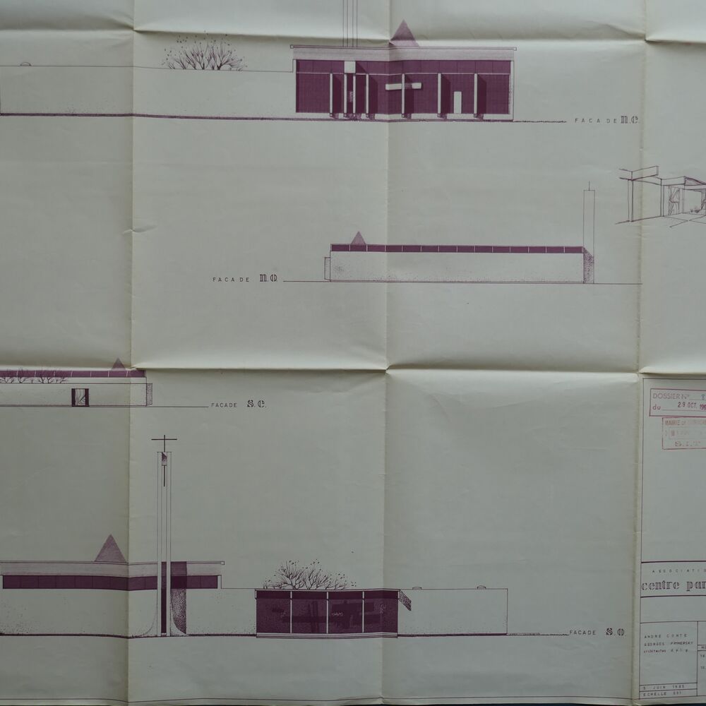 Élévations des façades de l'église, par les architectes André Conte et Georges Prymersky, juin 1965.