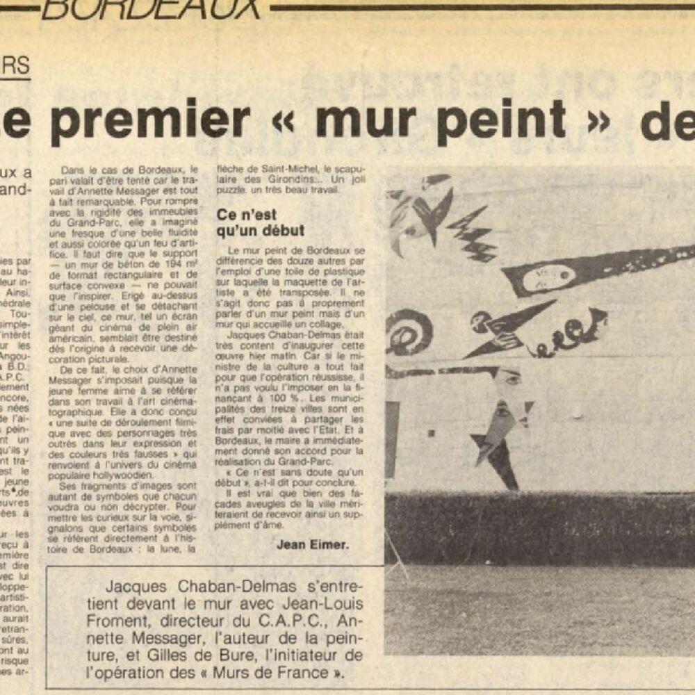 Article du journal Sud Ouest sur l'inauguration de l'œuvre d'Annette Messager le 7 juillet 1982.