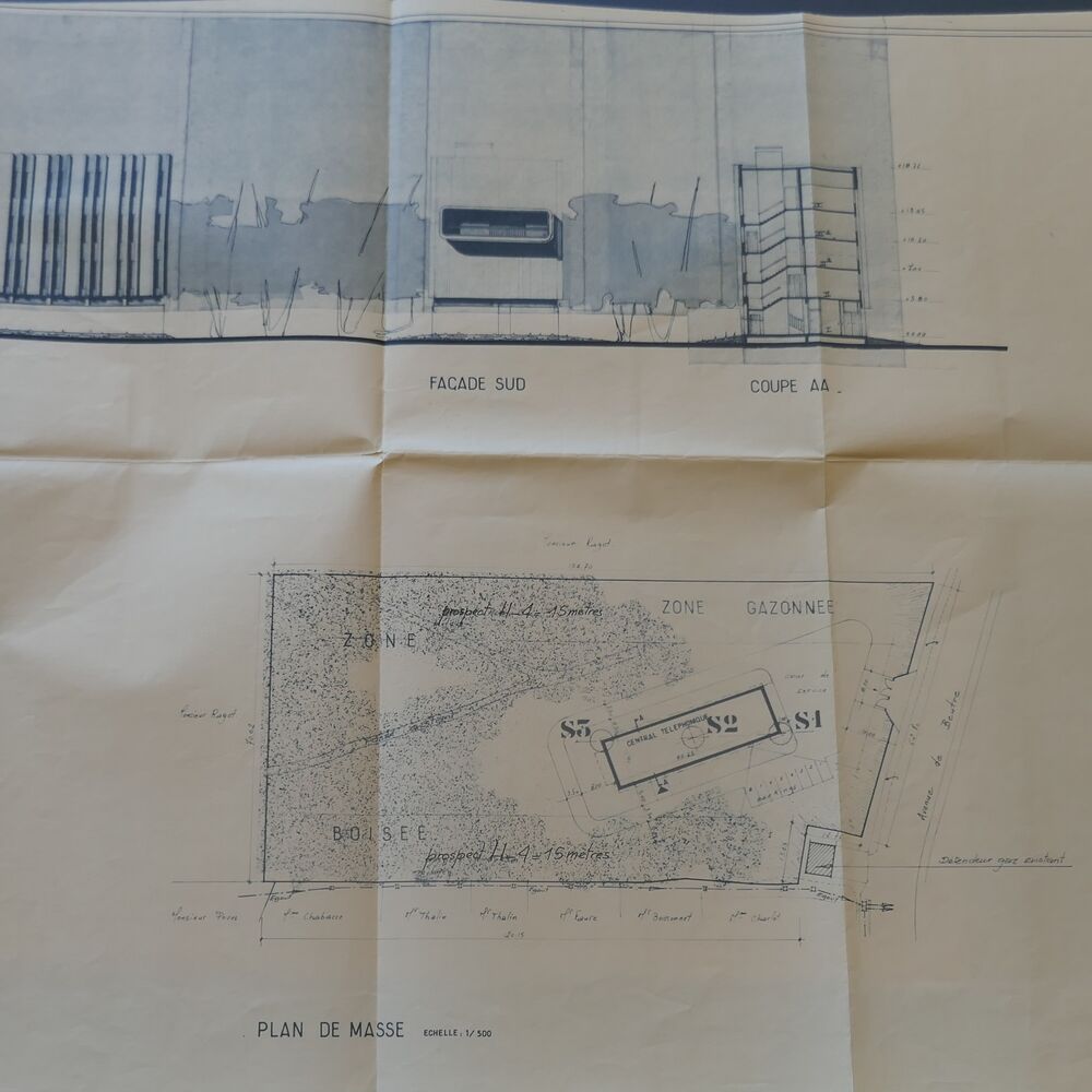 Plan, élévation et coupe par les architectes Jean Sérieis et Georges Guérin, 1975.