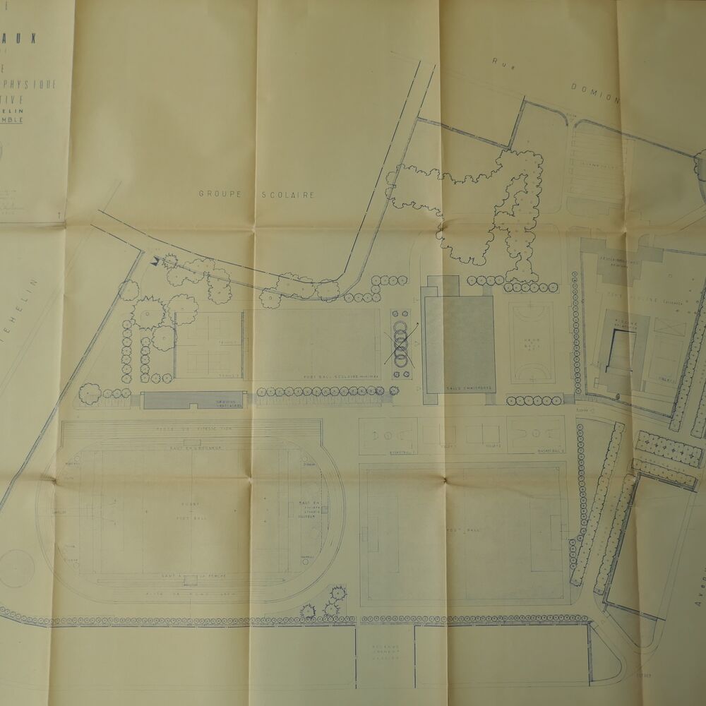 Plan de masse du parc des sports Stéhelin par l'architecte-paysagiste André Larrègue, 1967.