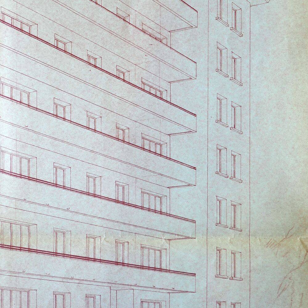 Élévation de l'immeuble par les architectes Pierre Mathieu et Georges Houéry, 1952.
