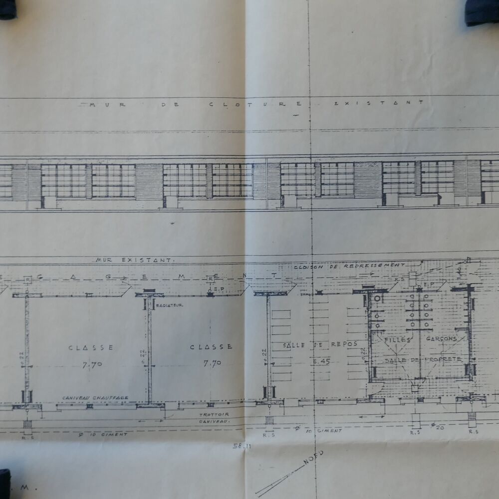 Plan et élévation de l'école maternelle par l'architecte Paul Vollette en 1955.