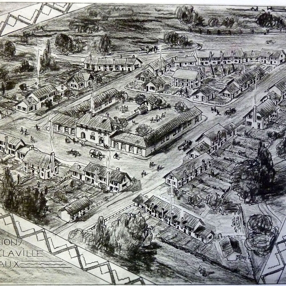 Vue à vol d’oiseau de la cité Loucheur avec le groupe scolaire, par l’architecte Jacques d’Welles