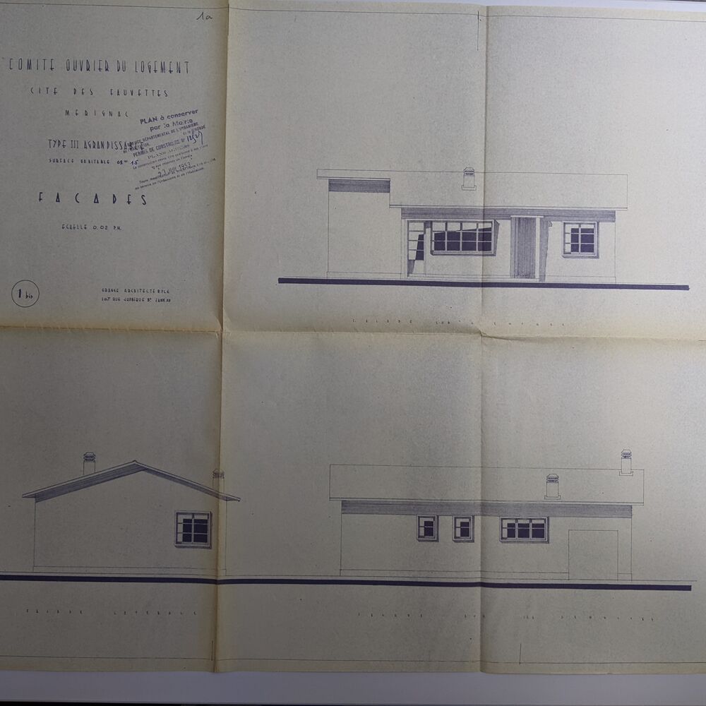 Façades d'une maison de type III par l'architecte Christian Grange, janvier 1953.