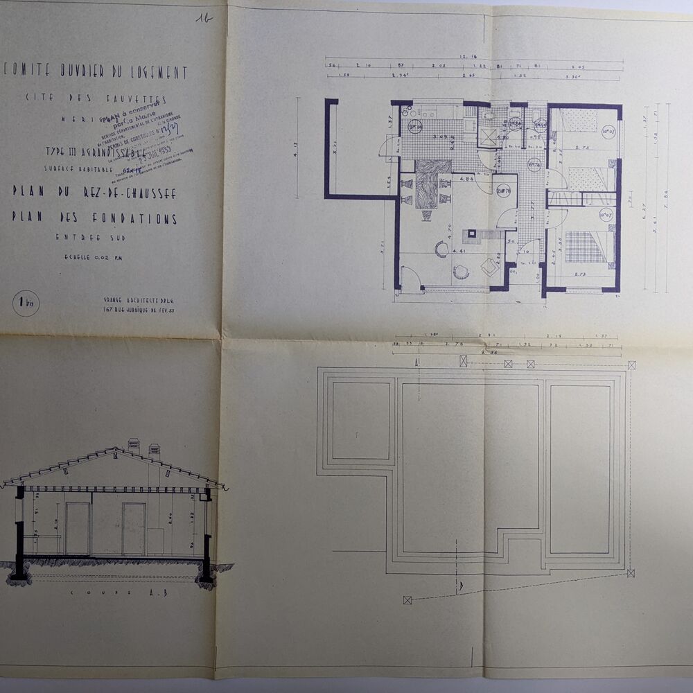 Plan d'une maison de type III par l'architecte Christian Grange, janvier 1953.
