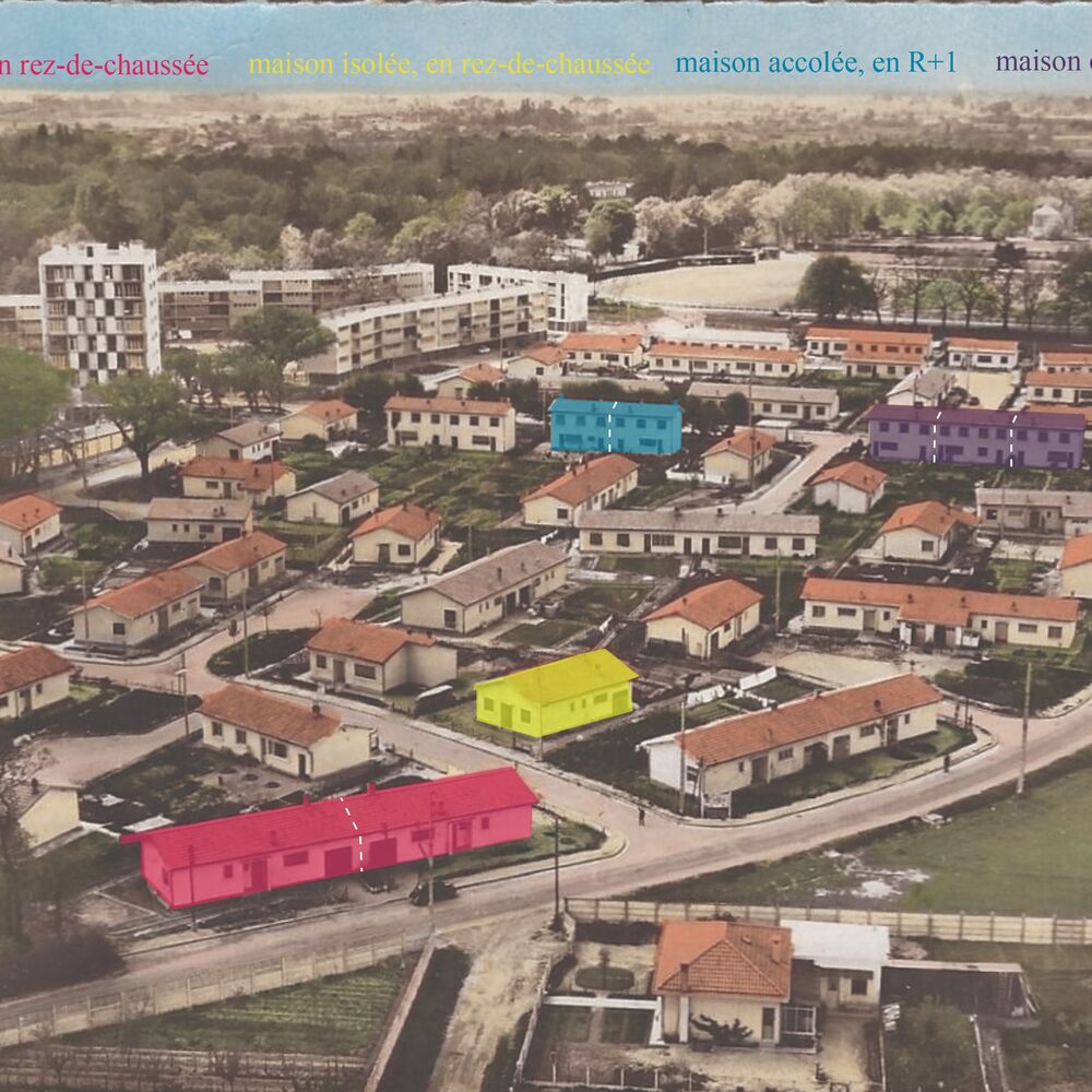 Les différents types de maisons sur une carte postale postale de 1960 (dessin F. Grollimund).