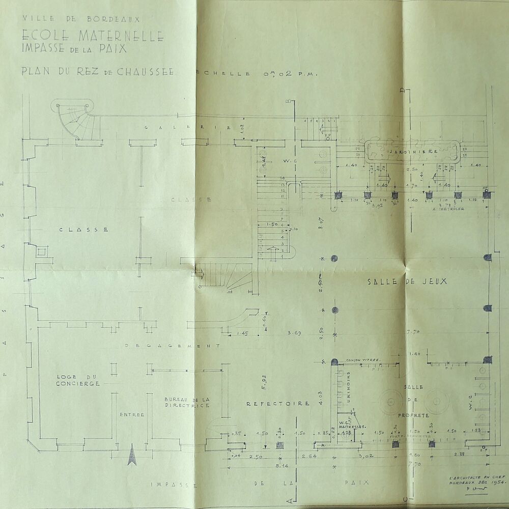 Plan du rez-de-chaussée des bâtiments réaménagés par l'architecte Paul Vollette, 1954.