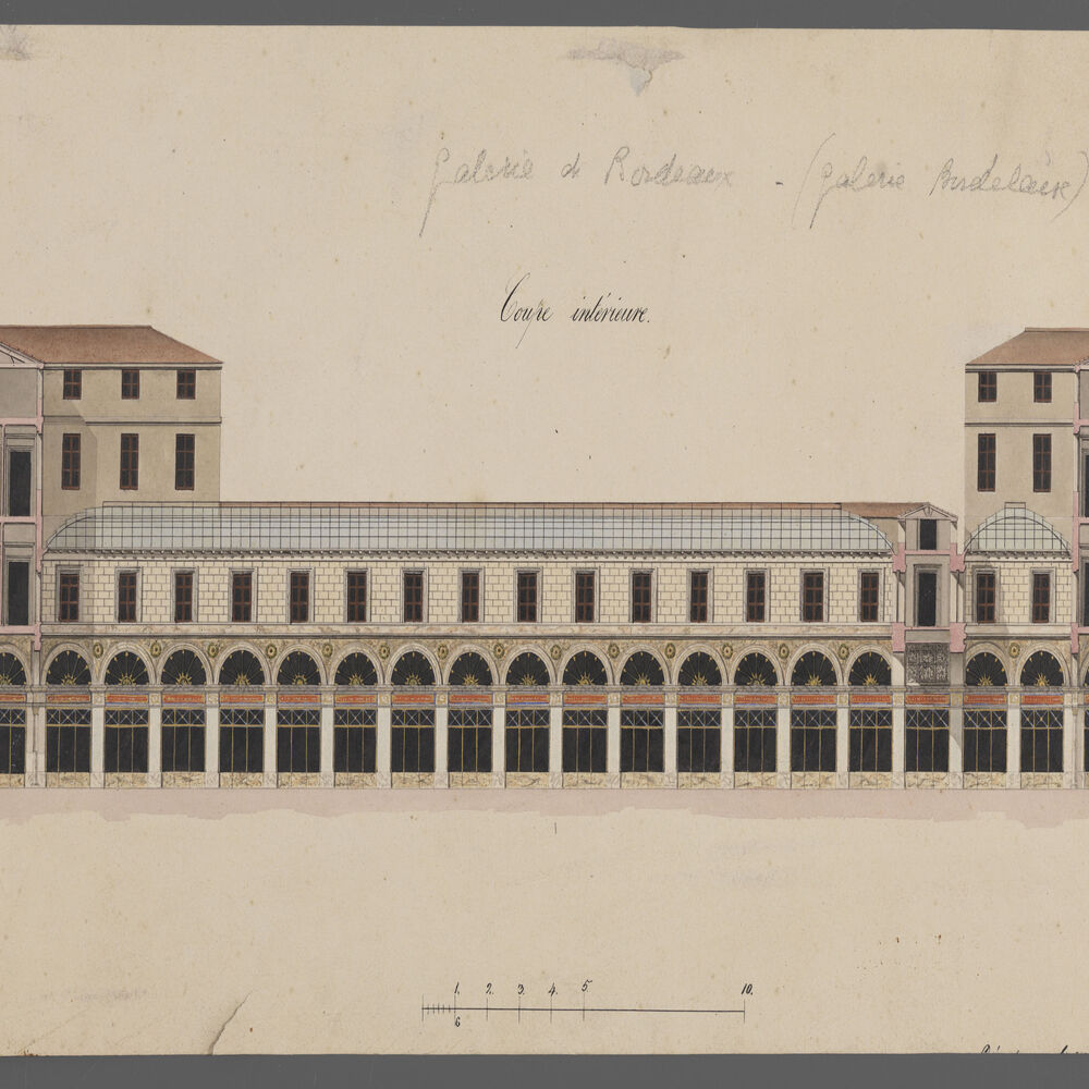 Élévation et coupe de la galerie bordelaise par l'architecte Gabriel Durand, vers 1830.