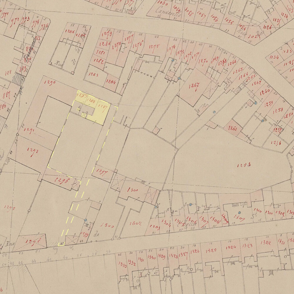La parcelle et les immeubles acquis par la Ville de Bordeaux sur le cadastre de 1866.