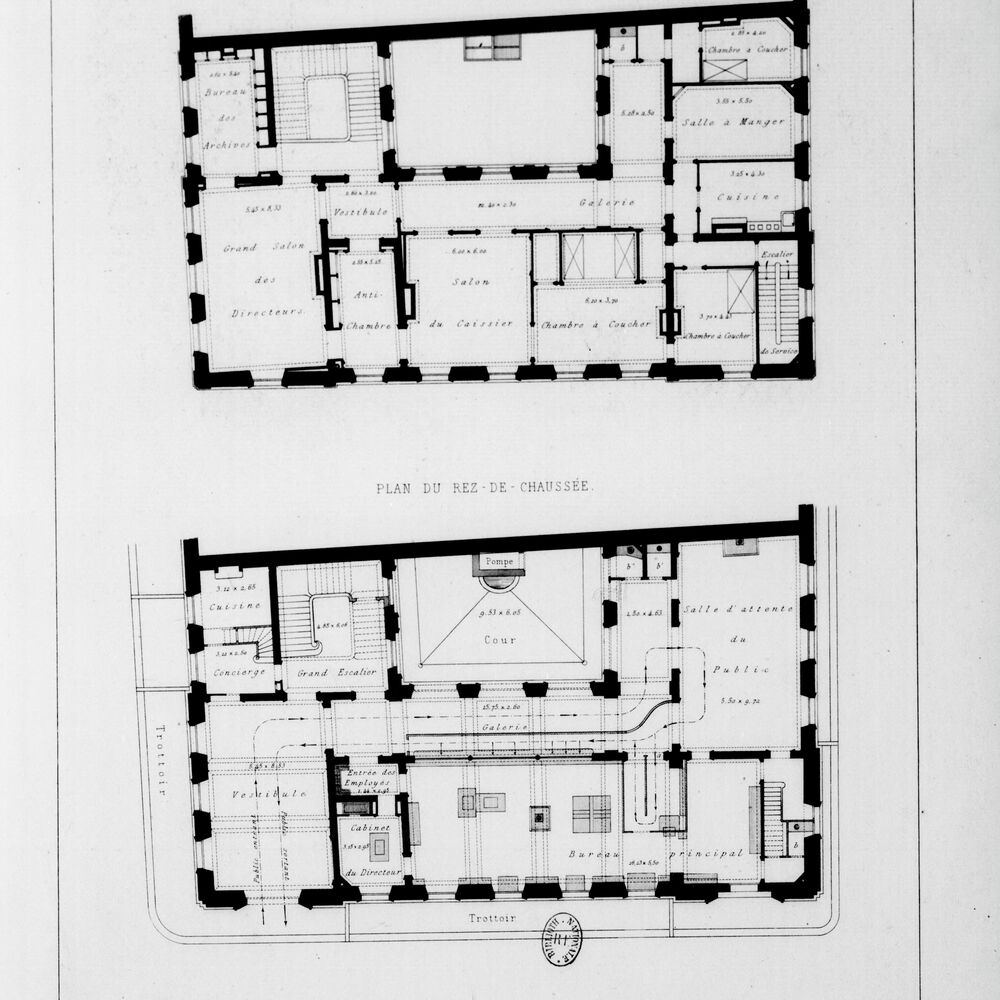 Plans des rez-de-chaussée et premier étage de la Caisse d'Épargne par l'architecte Duphot, 1847.