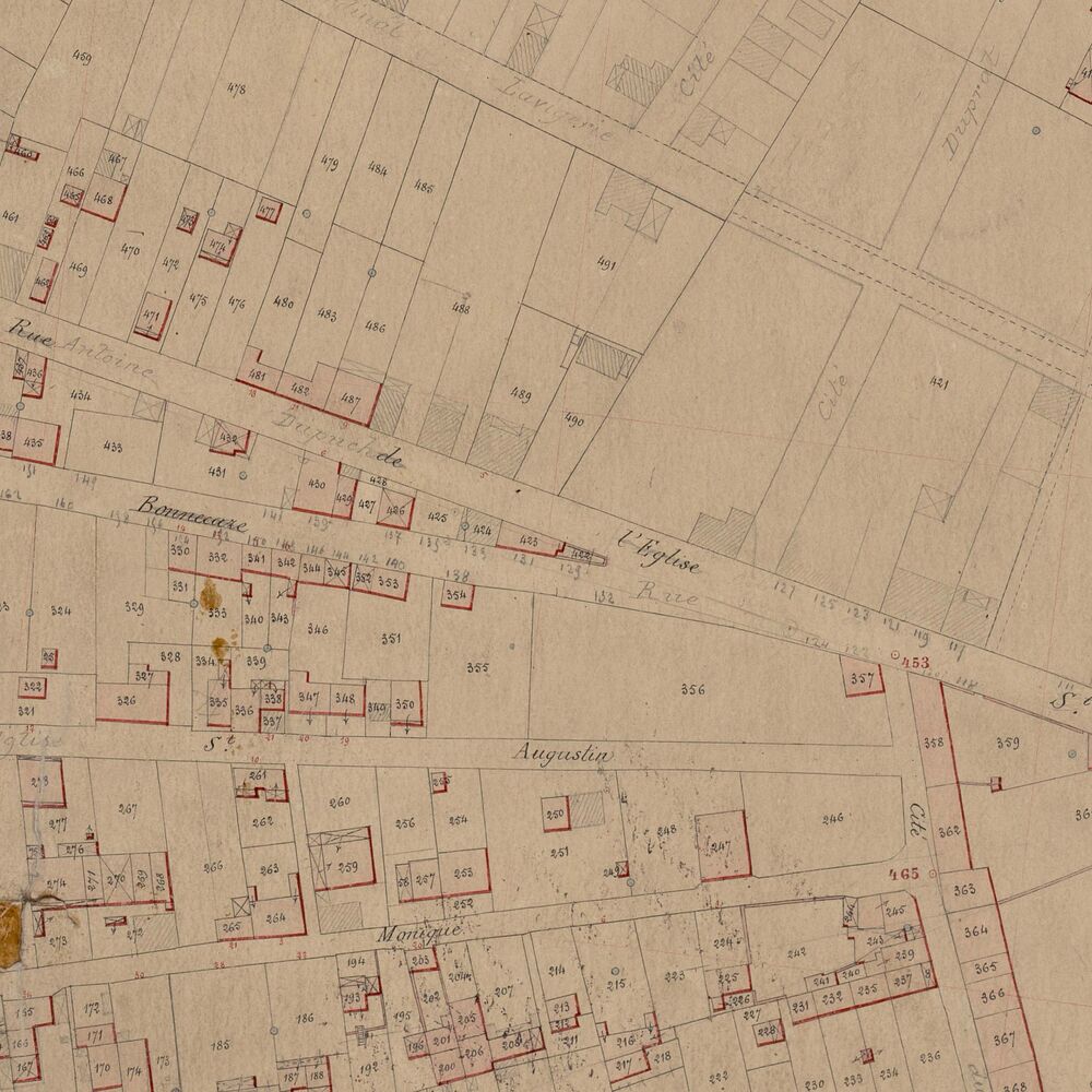 Les parcelles de l'immeuble, numérotées de 422 à 424 sur le cadastre de 1882.