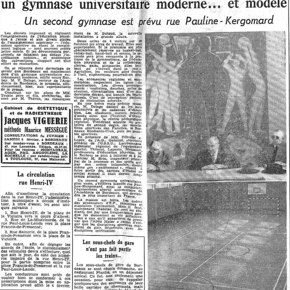 Extrait du journal Sud Ouest pour l'inauguration du gymnase universitaire Barbey en 1958.