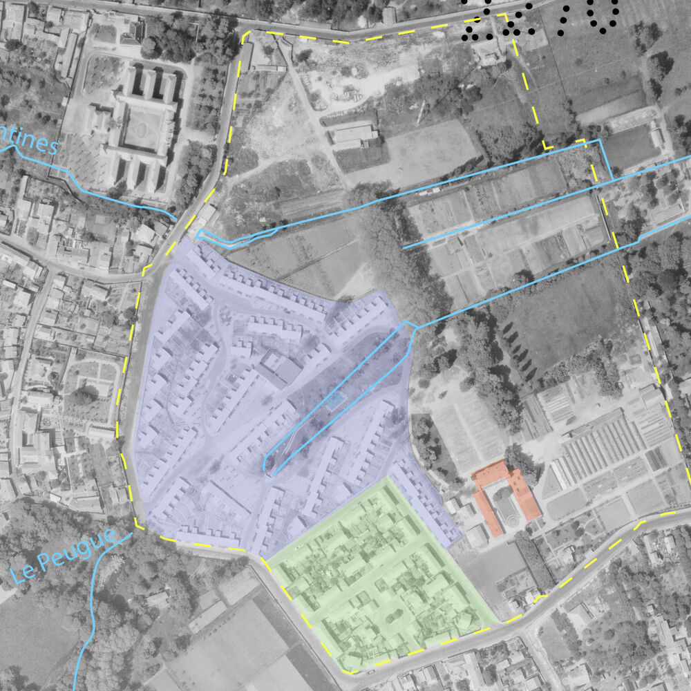 Dessin des cités Carreire I en vert et II en violet sur la vue aérienne de 1956.