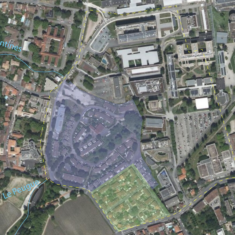 Dessin des cités Carreire I (vert) et II (violet) sur la vue aérienne de 2022.