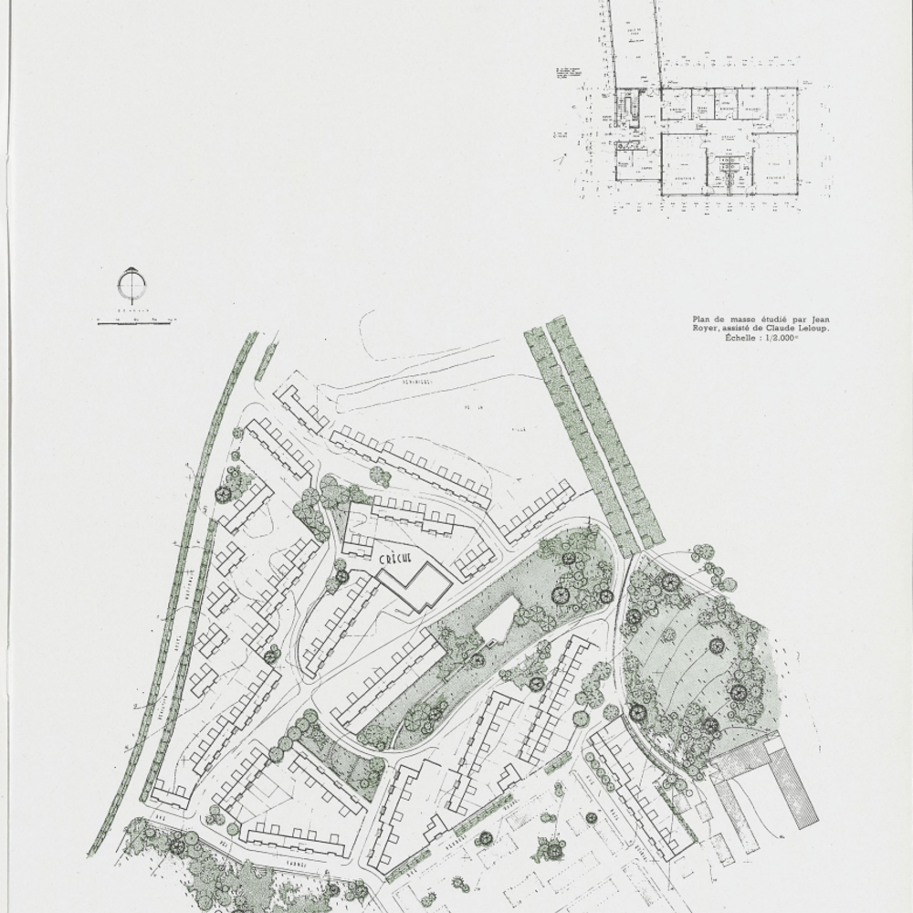 Plan de masse définitif par Jean Royer et plan de la crèche (Métraux), parus dans Urbanisme en 1953.