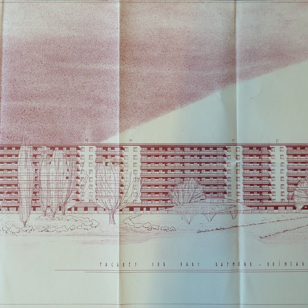 Élévation des façades est des résidences du Parc Raymond Poincaré par l'équipe de René Guibaut, 1959