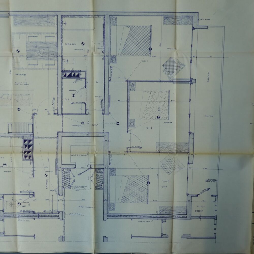 Plan de détail de l'équipement des appartements par l'architecte Jacques Couchot, 1966.