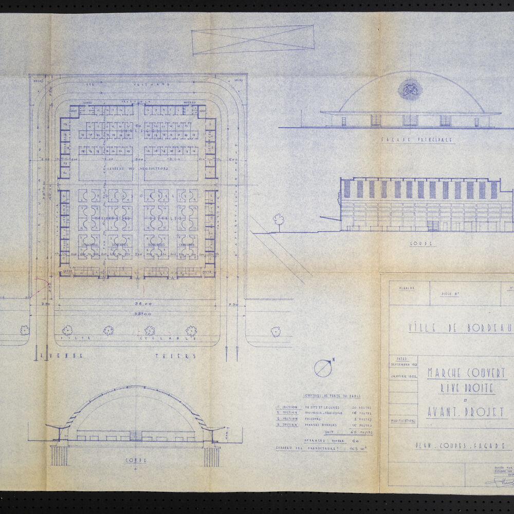 Plan, élévation et coupe du marché Thiers.