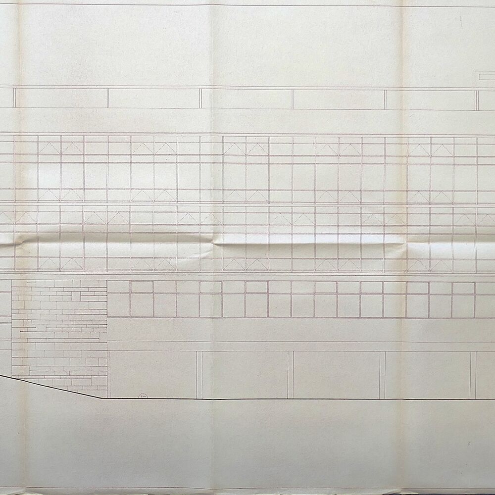 Élévation de la façade principale du restaurant universitaire par l'architecte Pierre Mathieu, 1956.