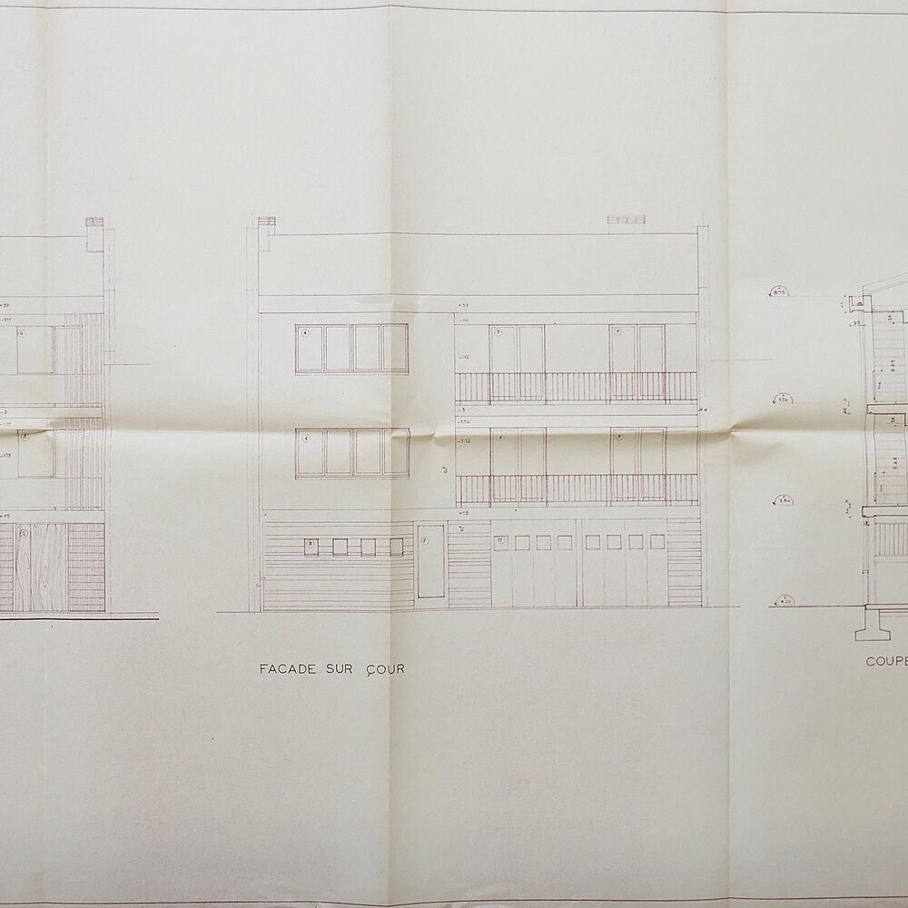 Élévation de la façade principale du logement des directeurs par l'architecte Pierre Mathieu, 1956.