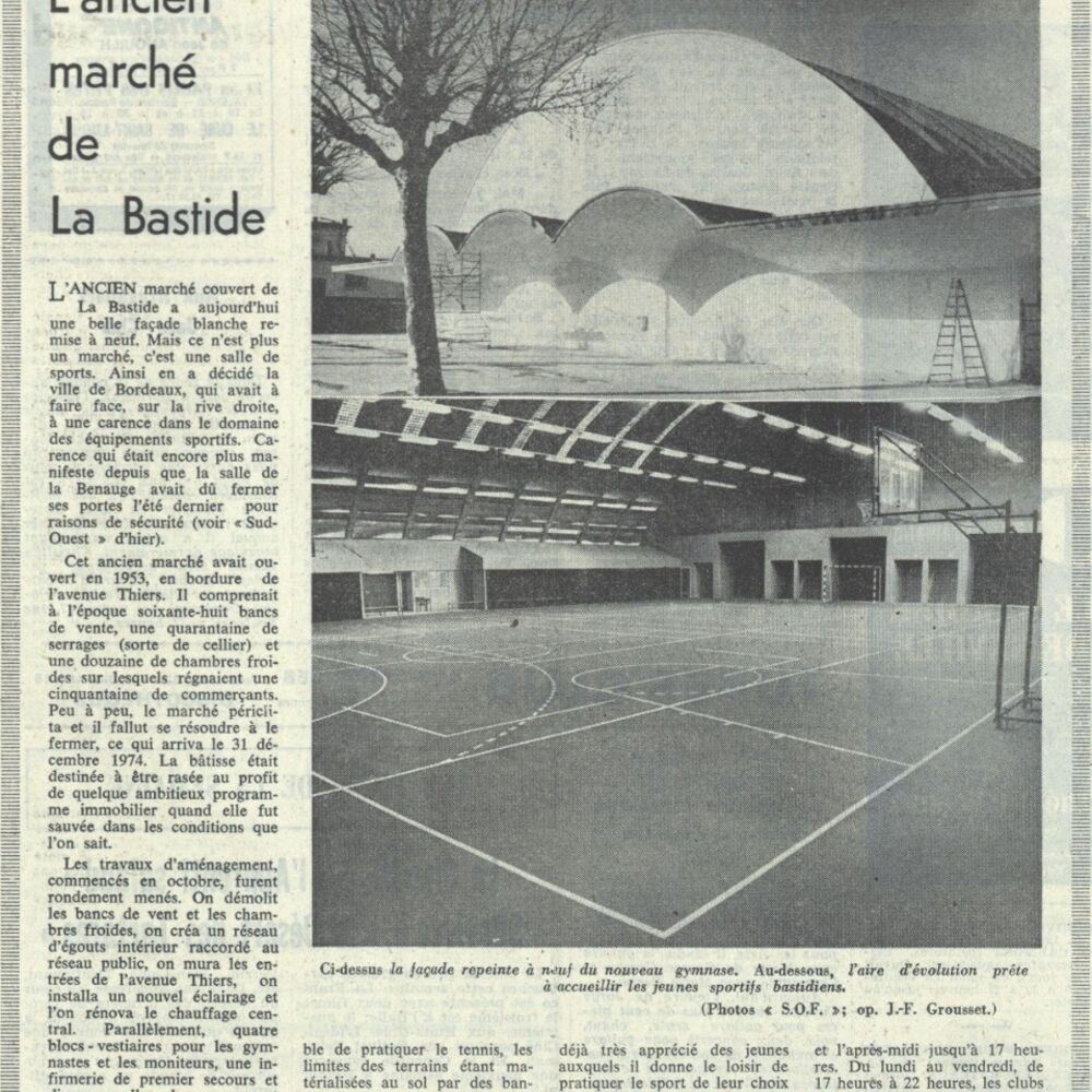 Article sur l'inauguration du nouveau gymnase dans l'ancien marché couvert en 1977.