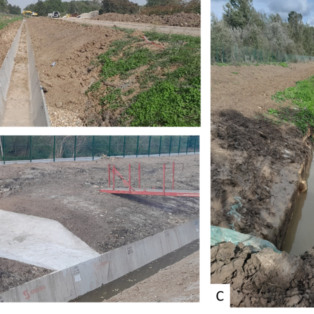 Travaux de restauration, 2023. A et C: mise en œuvre cuvelage béton, B: rejet eaux pluviales