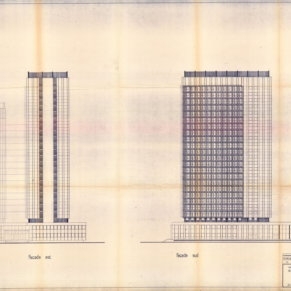 Élévations des façades est et sud (1ère tranche) par l'architecte Pierre Mathieu en 1963.