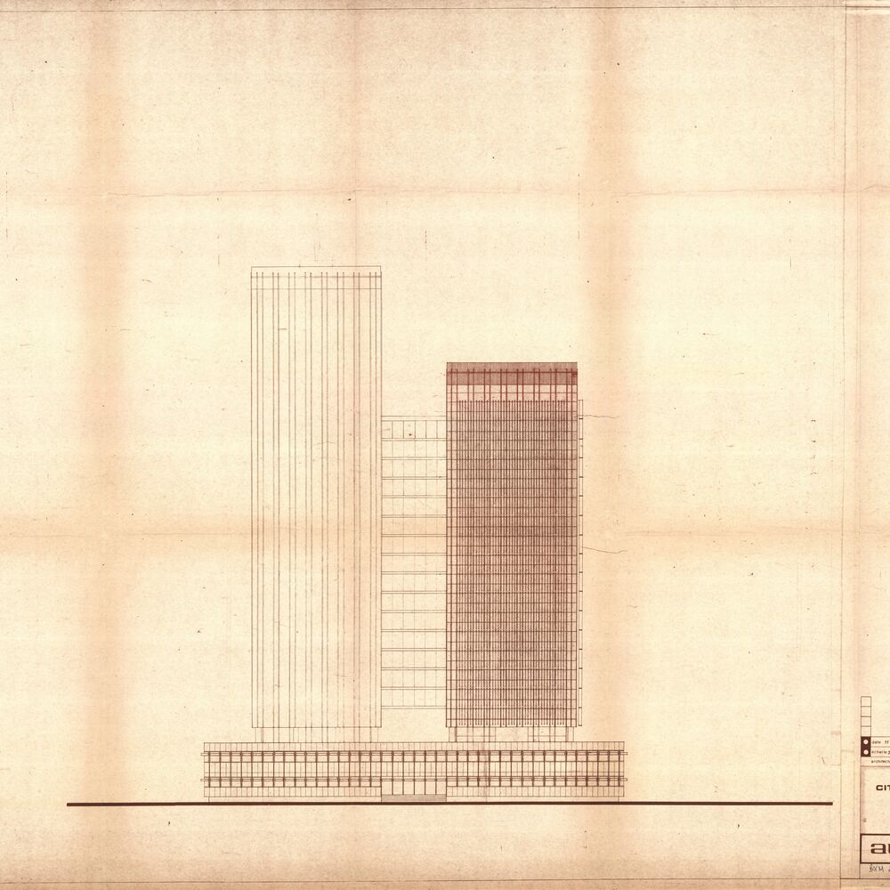 Élévation de la façade ouest (2e tranche) par l'agence d'architecture AUA 33 en 1970.