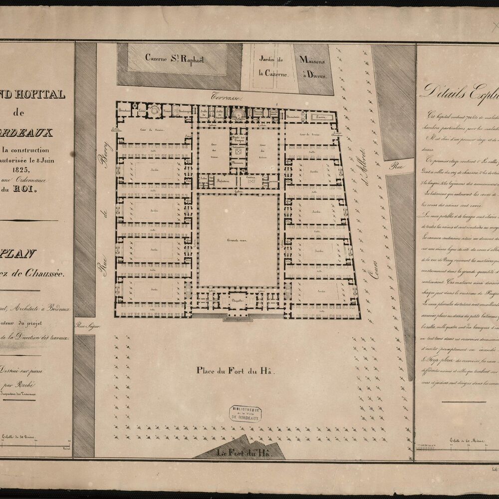 Plan explicatif du nouvel hôpital avec la chapelle sur la place par Burguet, gravure vers 1830.