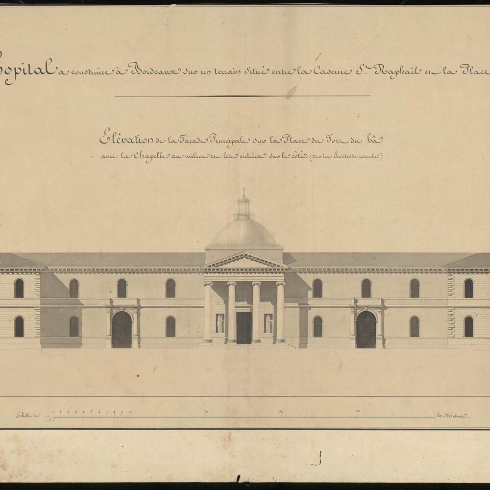 Élévation de la façade principale de l'hôpital avec la chapelle au centre par Burguet, 1822.