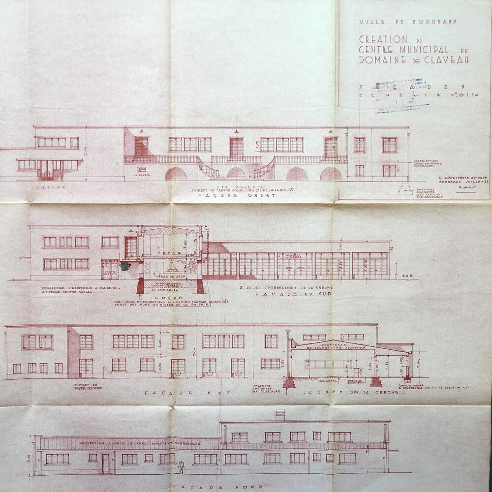 Façades et élévations du centre municipal par l'architecte Paul Vollette, 1953.