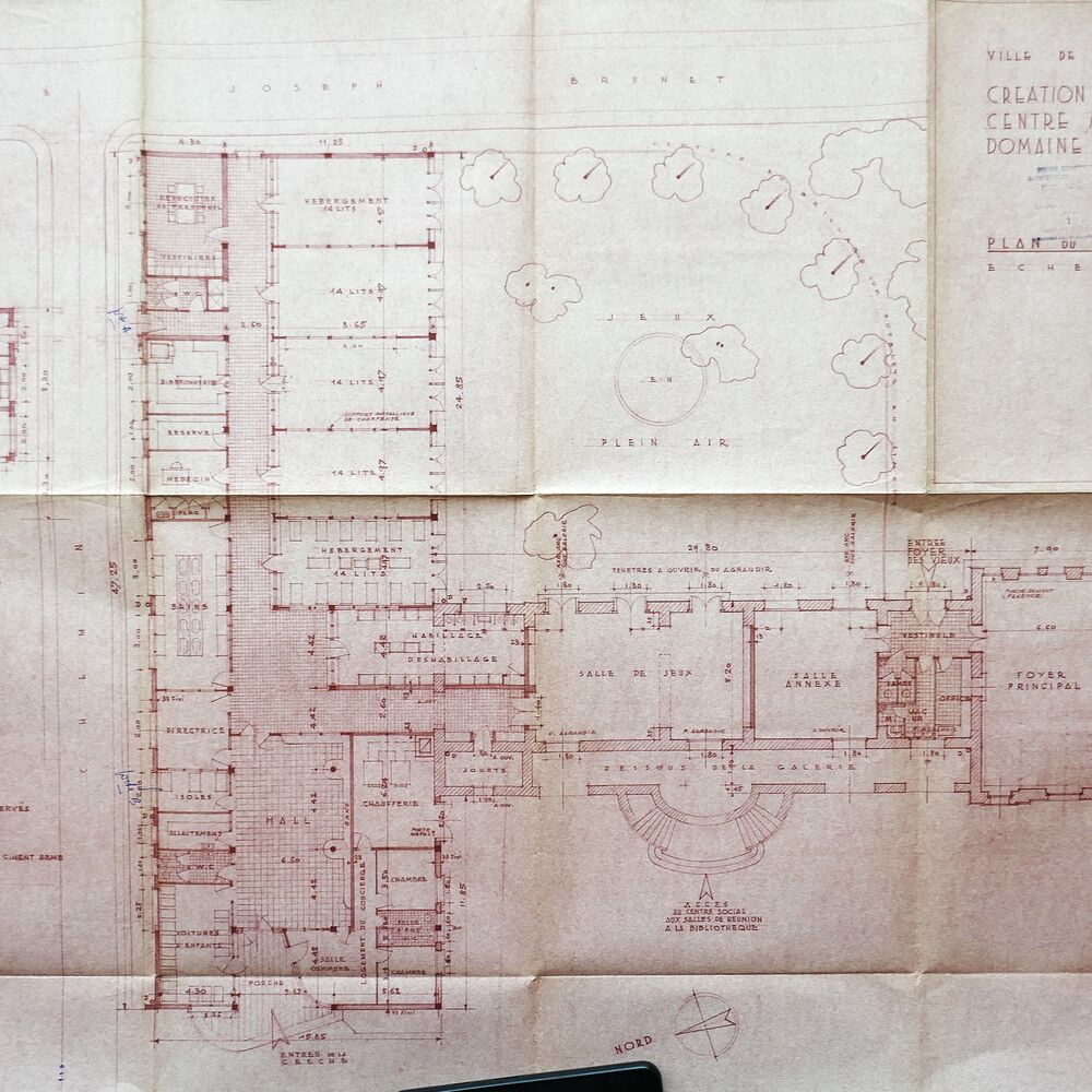 Plan du rez-de-chaussée du centre municipal par l'architecte Paul Vollette, 1953.