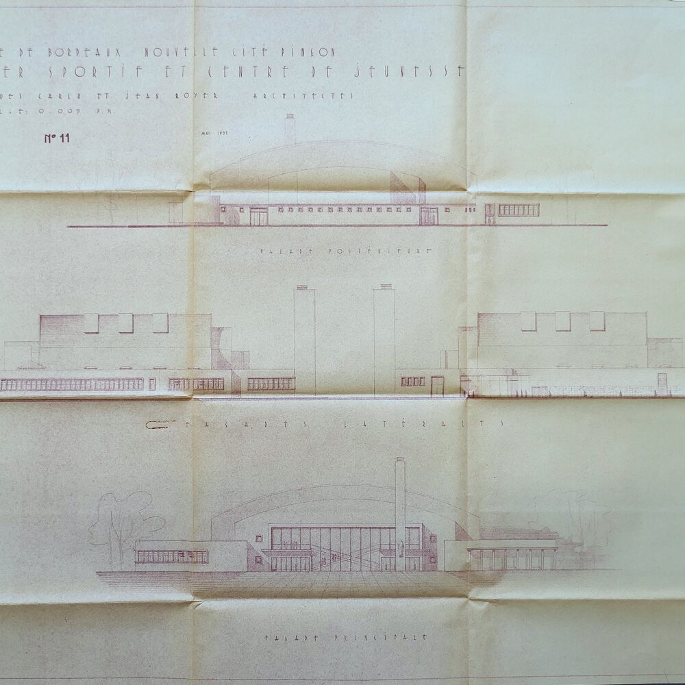 Élévation des façades du foyer sportif par les architectes Jacques Carlu et Jean Royer, 1951.