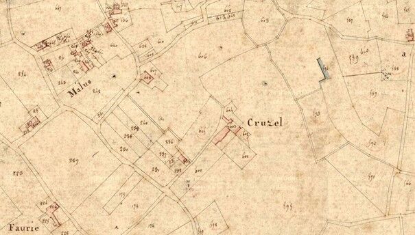 Extrait du plan cadastral des années 1820, montrant l’organisation du domaine de Cruzel