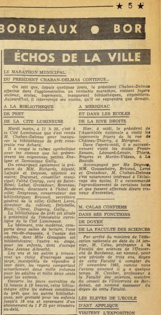 Extrait du journal Sud Ouest de janvier 1964 pour l'inauguration par le maire de Bordeaux.