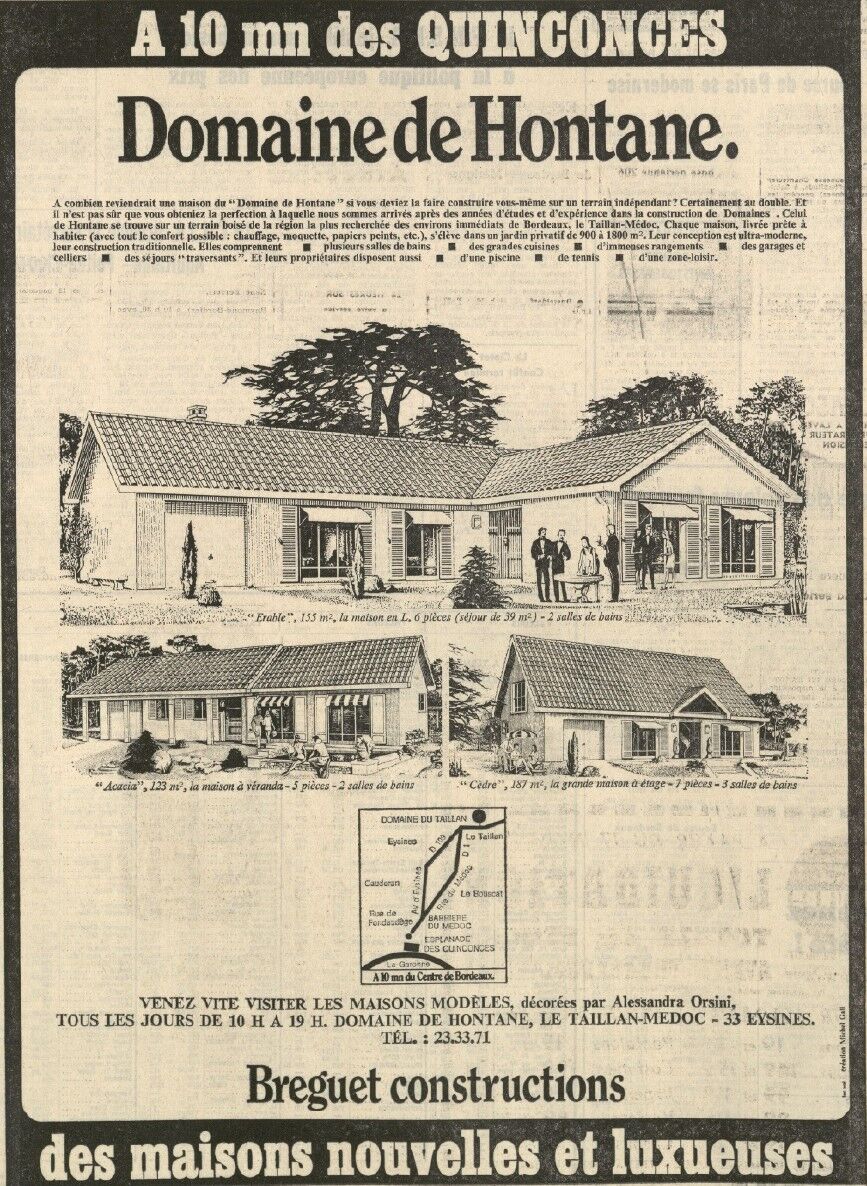 Publicité pour les maisons du domaine de La Hontane parue dans Sud Ouest en 1973.