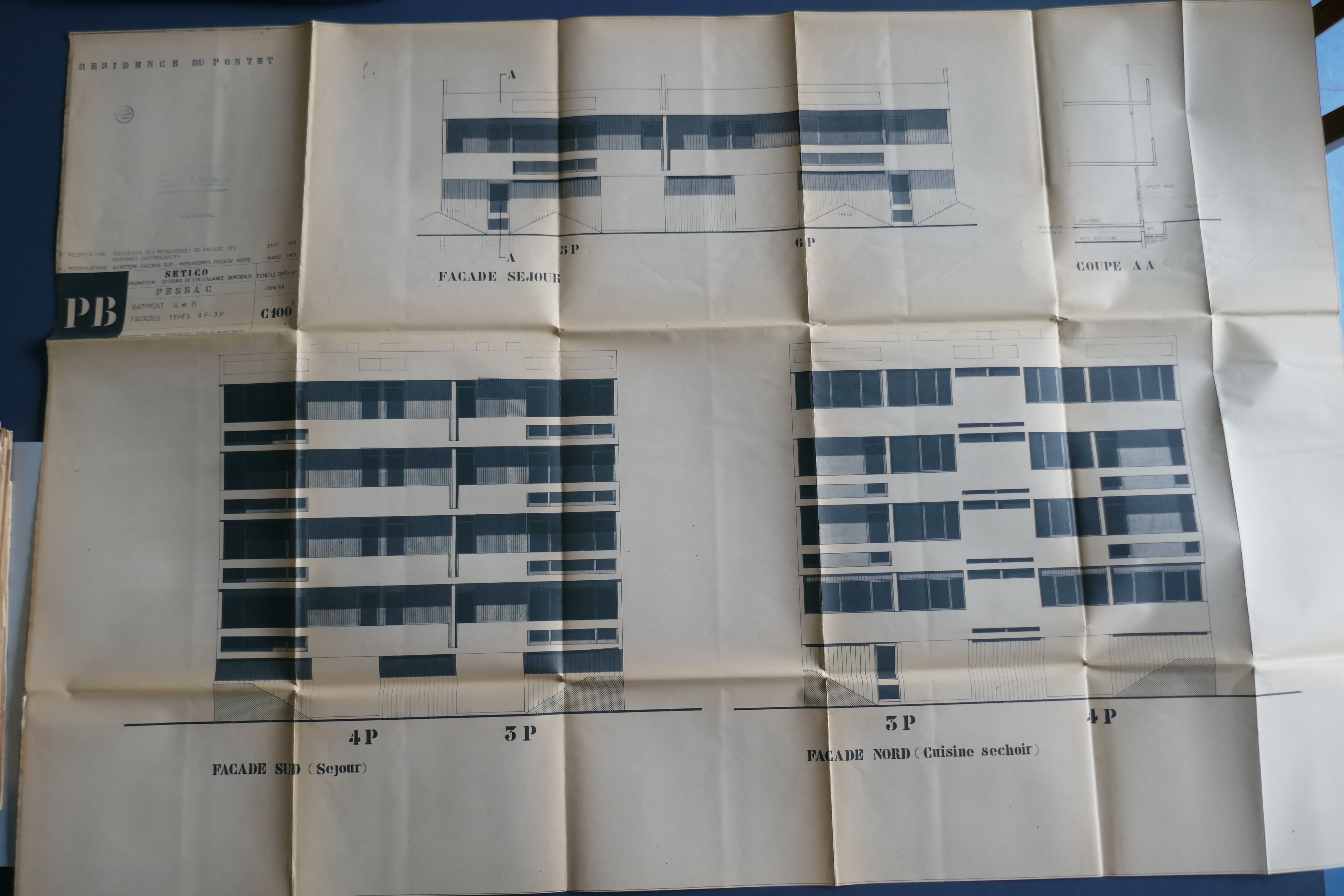 Élévations des façades des bâtiments A et B par Andrault et Parat, 1964.