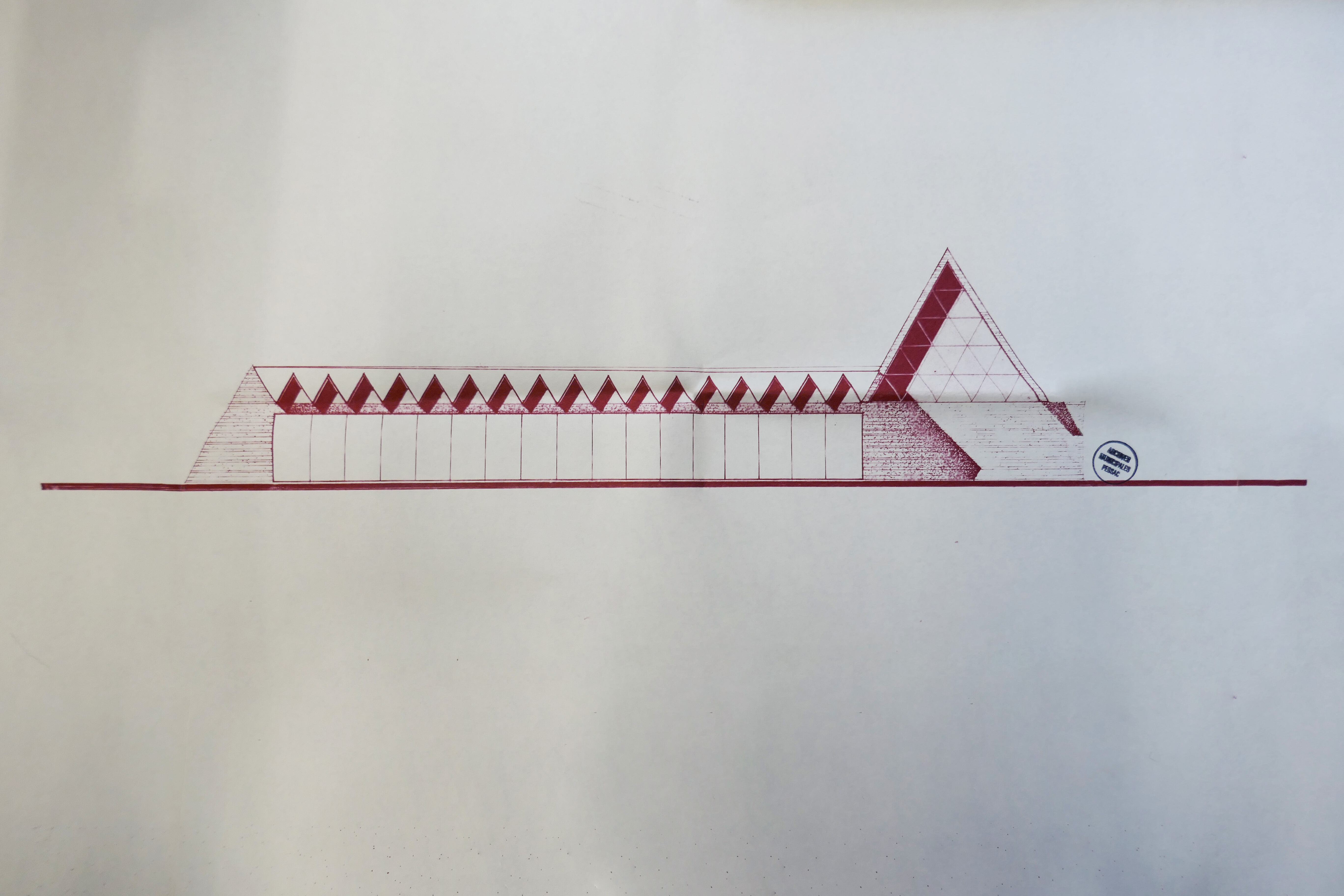 Élévation sud de l'église par l'agence d'architecture GPA 7, 1966.