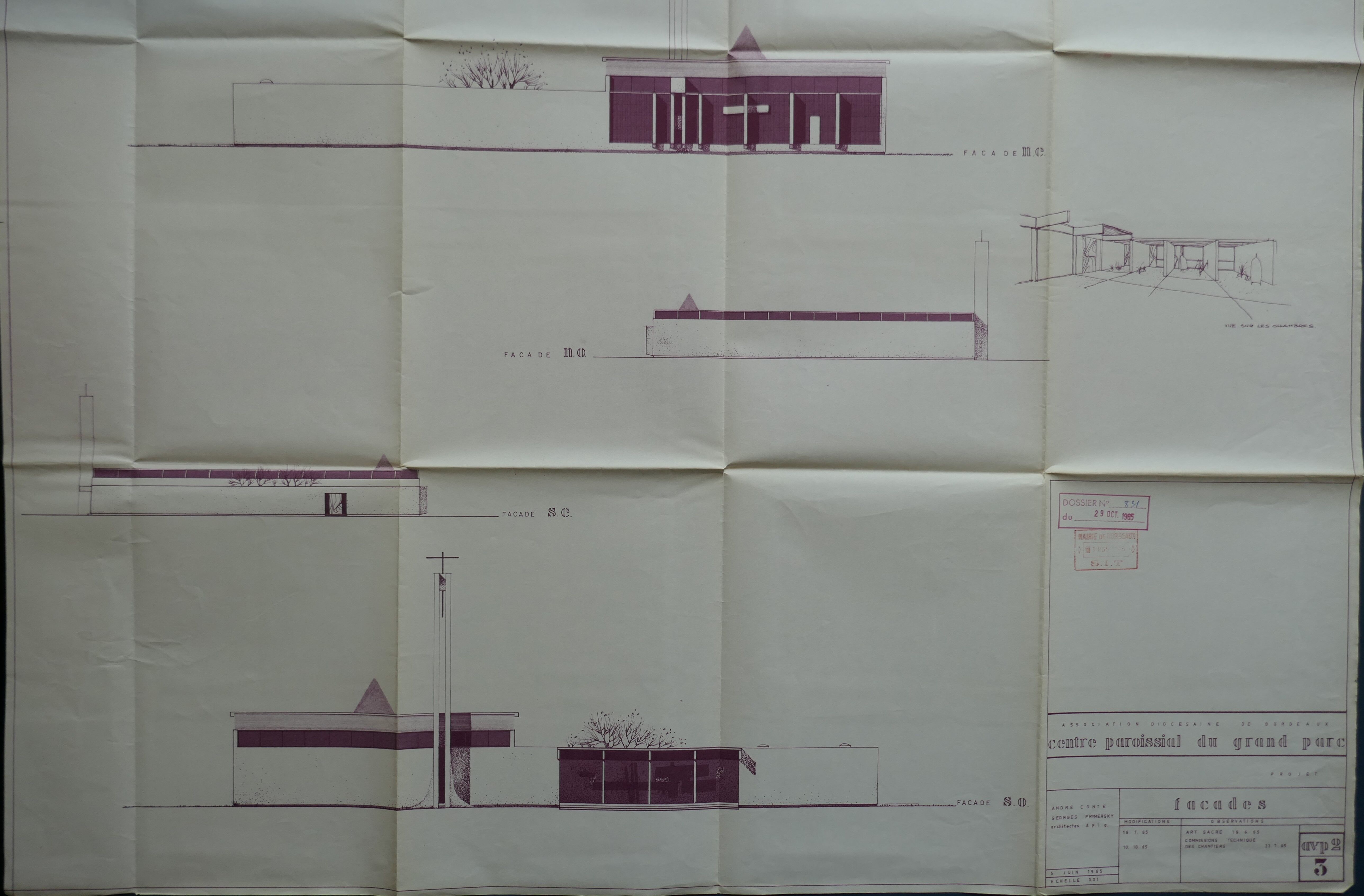 Élévations des façades de l'église, par les architectes André Conte et Georges Prymersky, juin 1965.