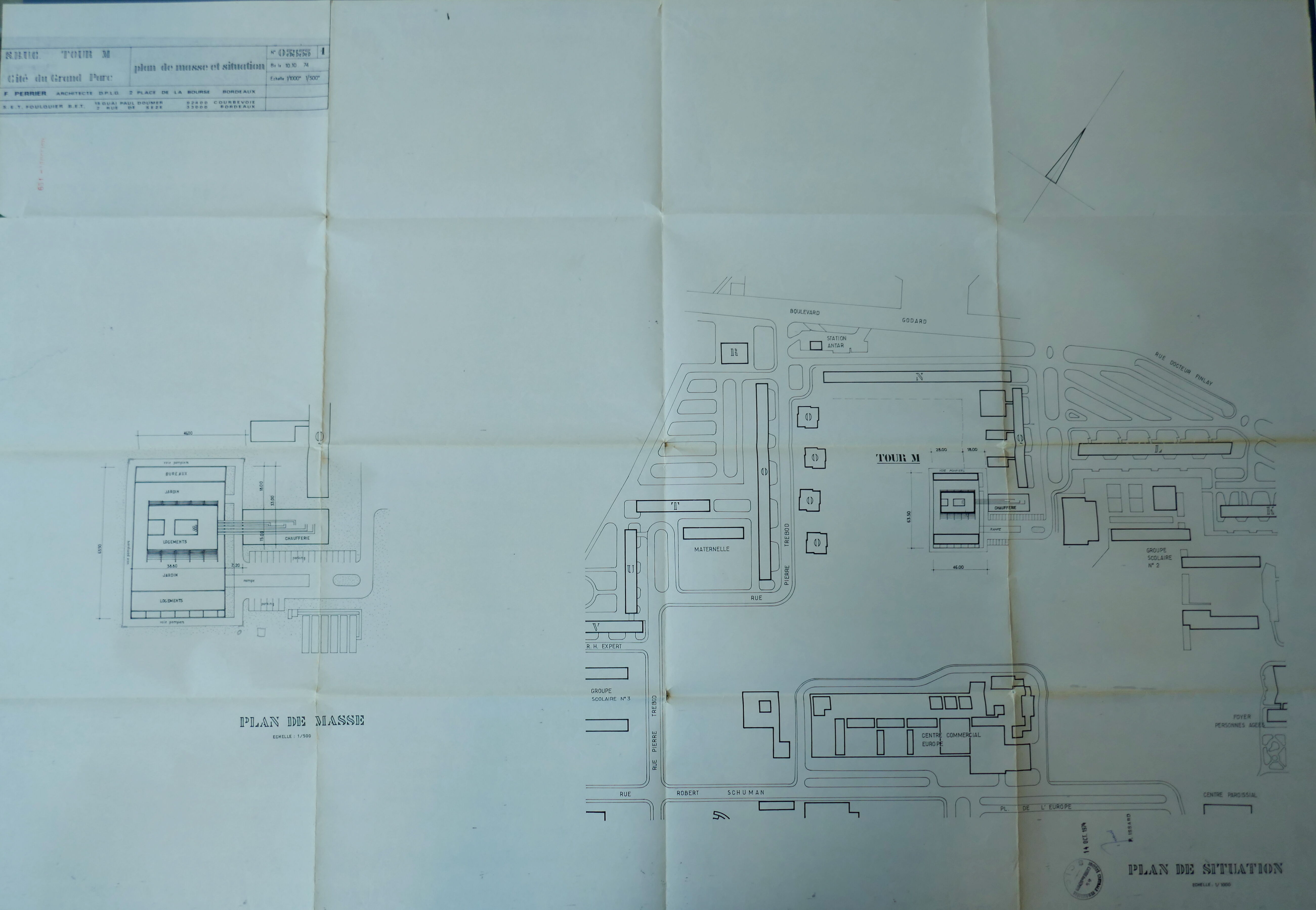 Plan de situation et de masse de l'opération de la tour en 1974 par l'architecte Francisque Perrier.