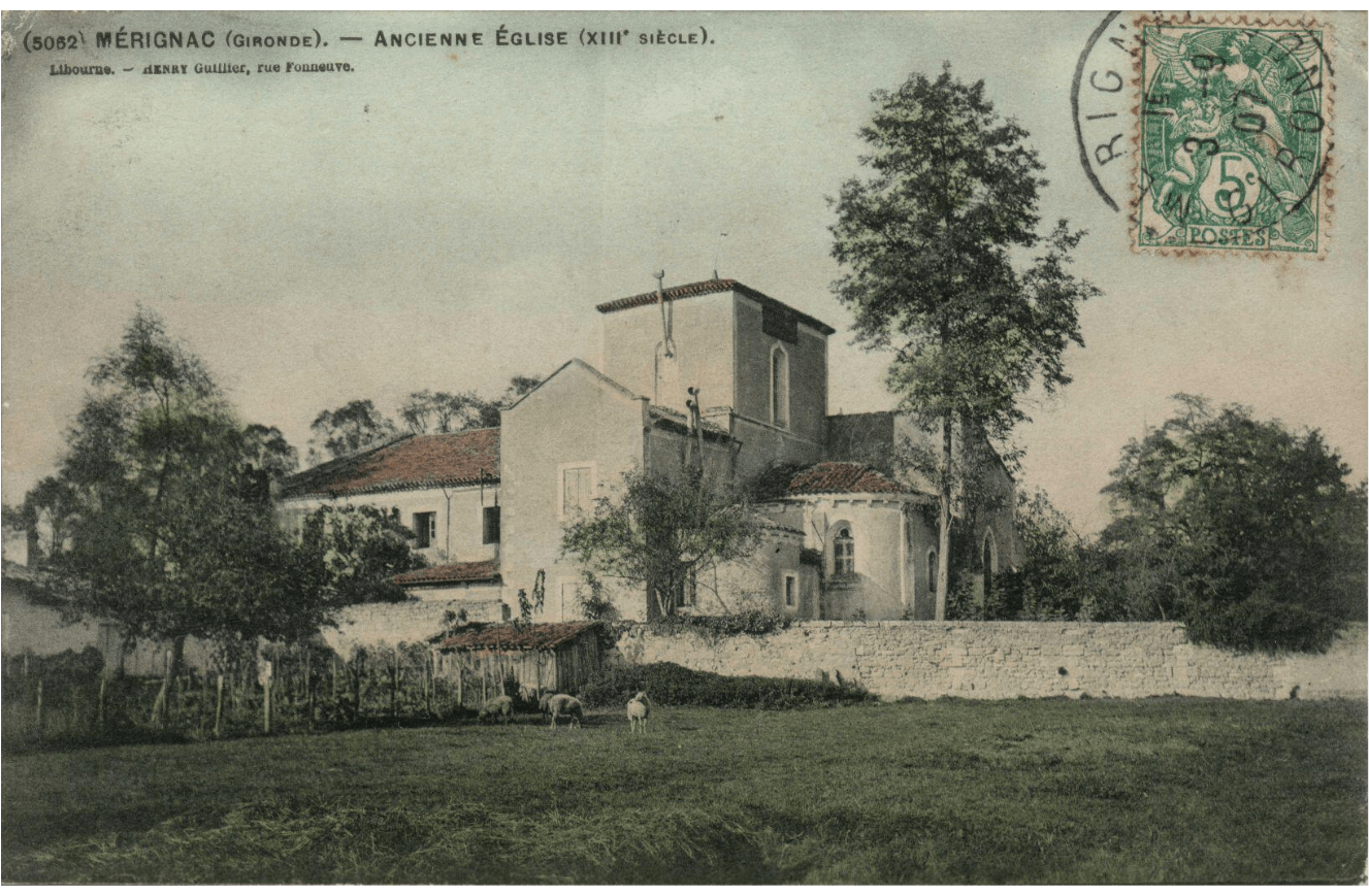 Vue de la façade sud de l’église, avec l’abside et l’absidiole, carte postale de 1907