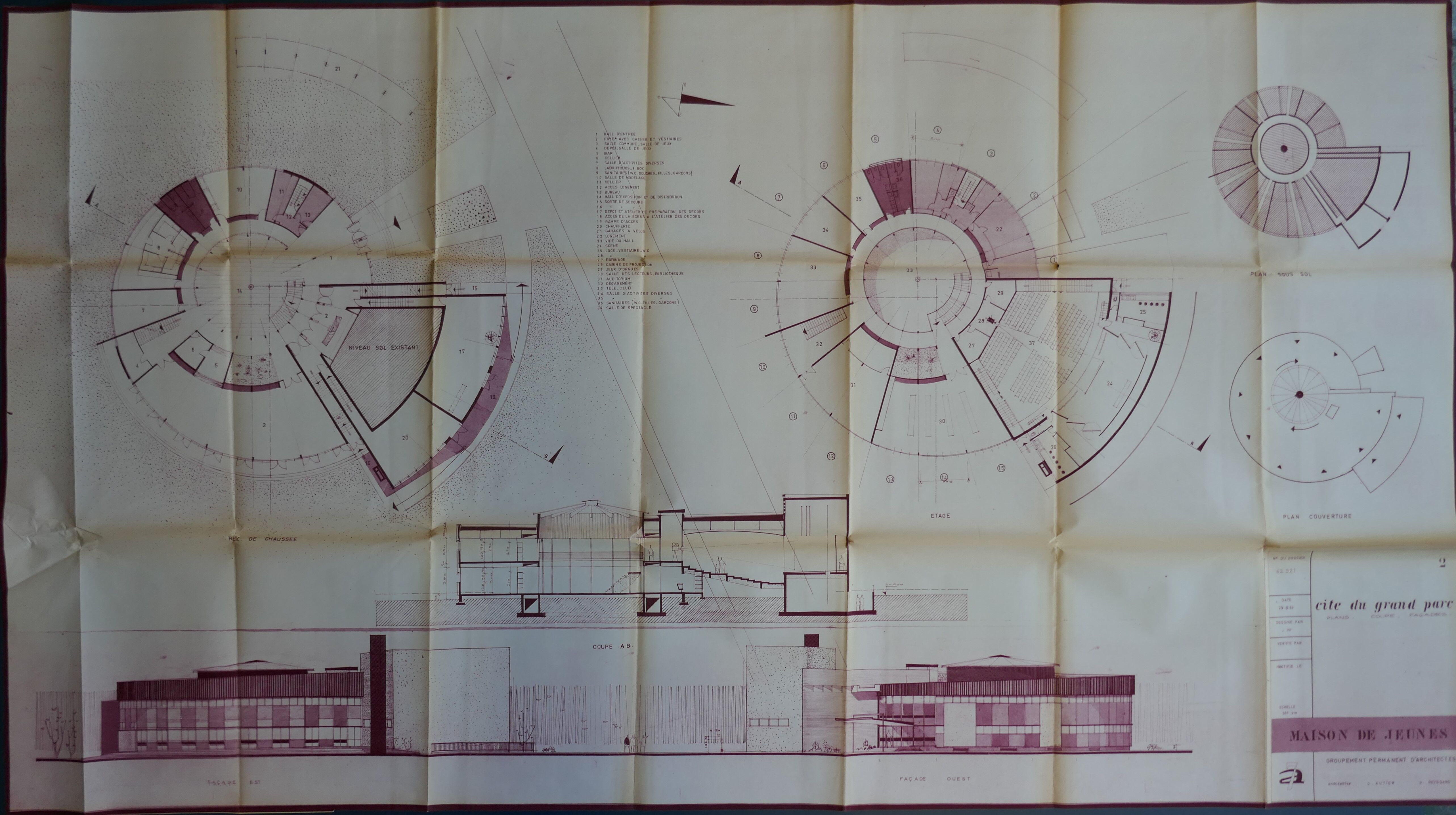 Projet définitif de la maison des jeunes par les architectes Guy Peyssard et Gilles Autier, 1963. 