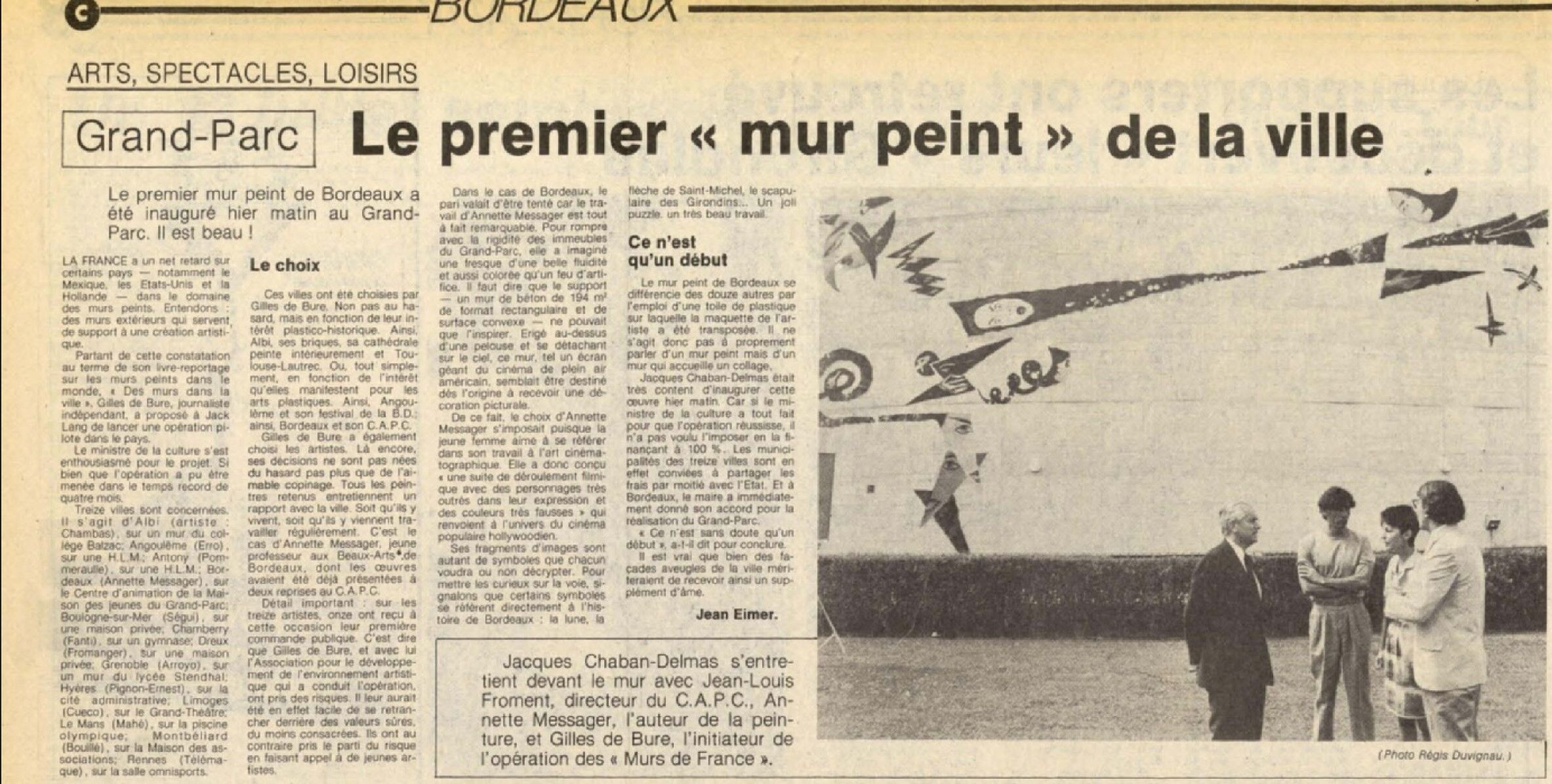 Article du journal Sud Ouest sur l'inauguration de l'œuvre d'Annette Messager le 7 juillet 1982.