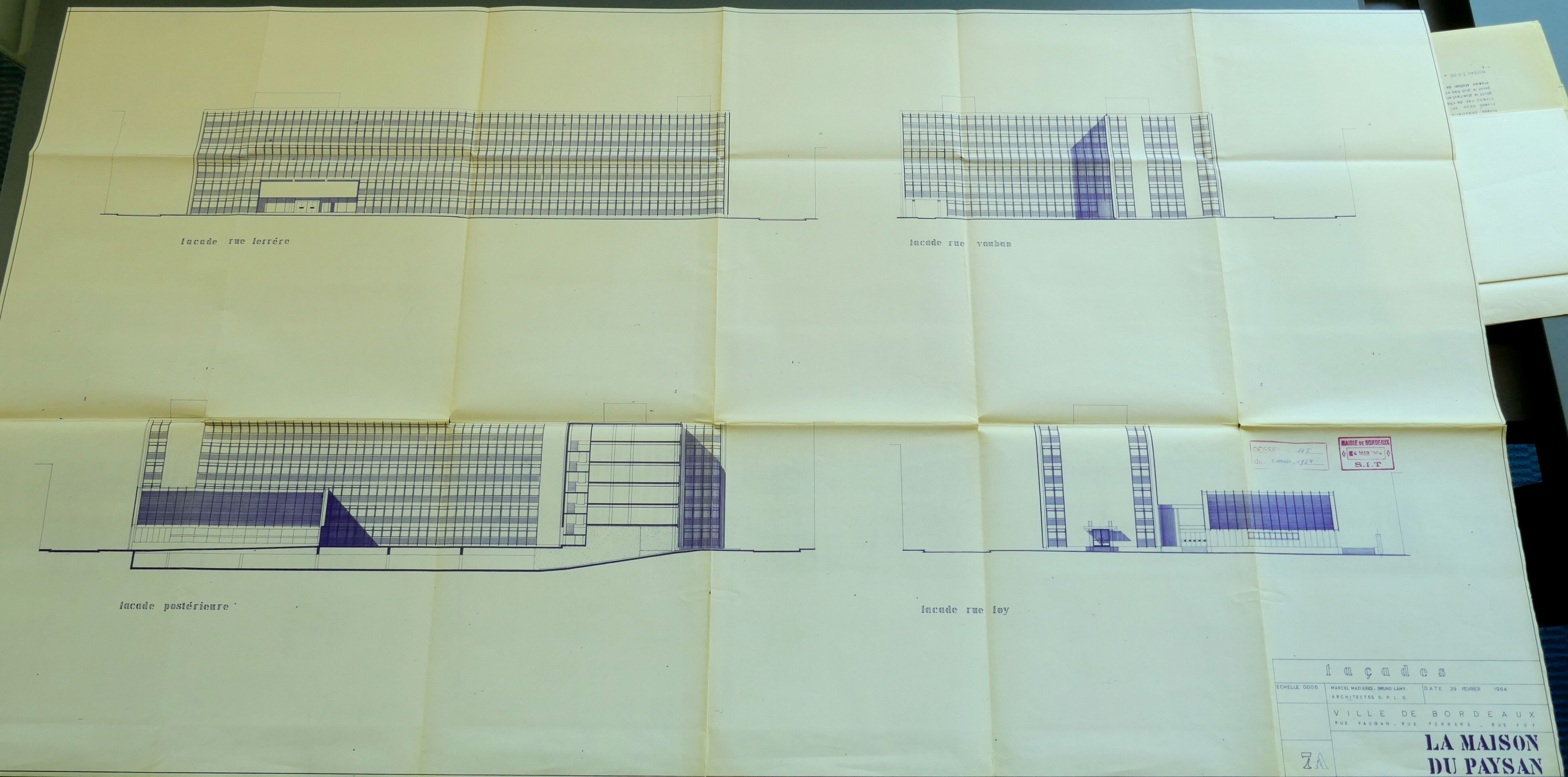 Élévations du bâtiment signées des architectes Marcel Mazières et Bruno Lamy en février 1964.