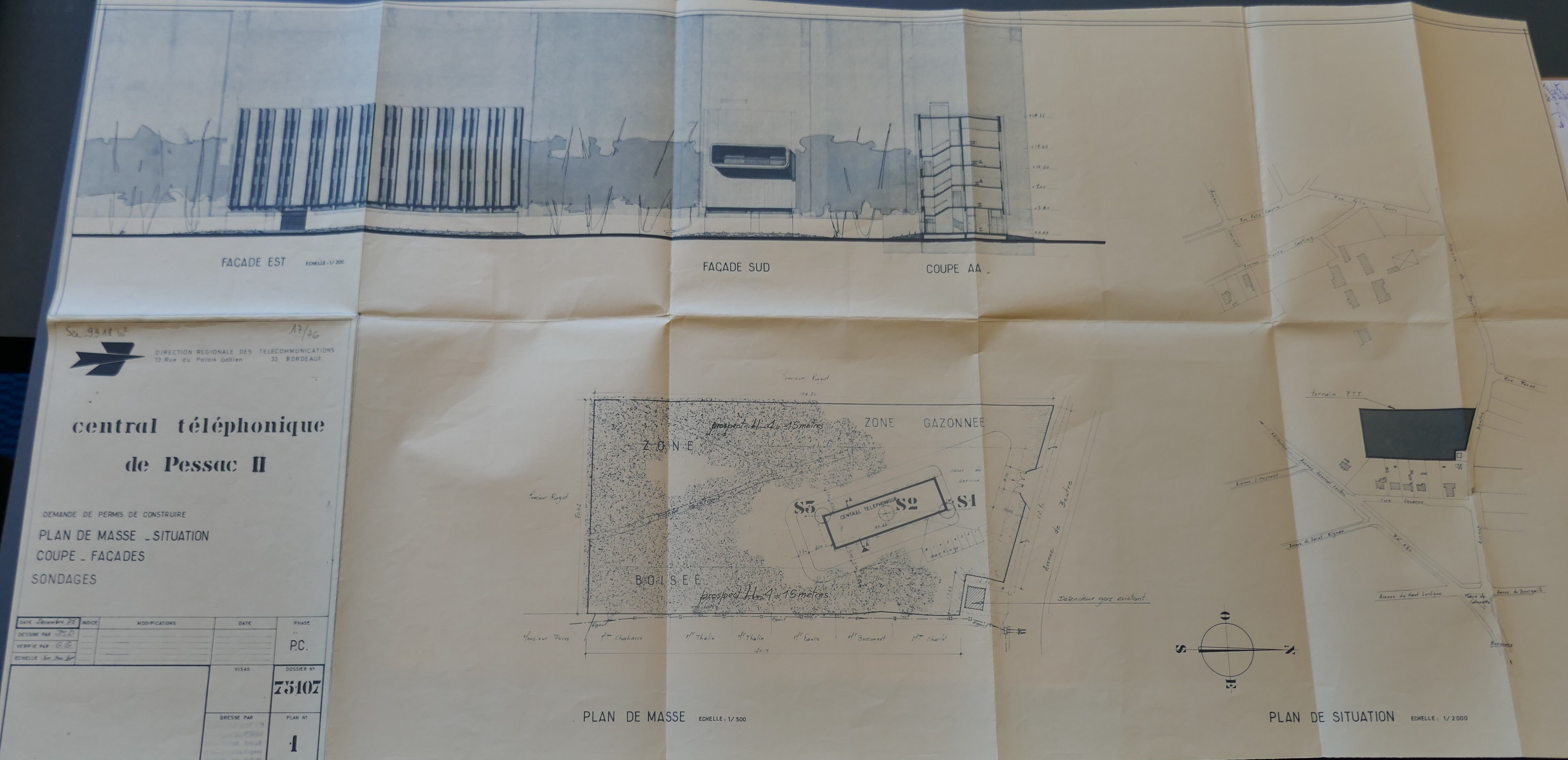 Plan, élévation et coupe par les architectes Jean Sérieis et Georges Guérin, 1975.