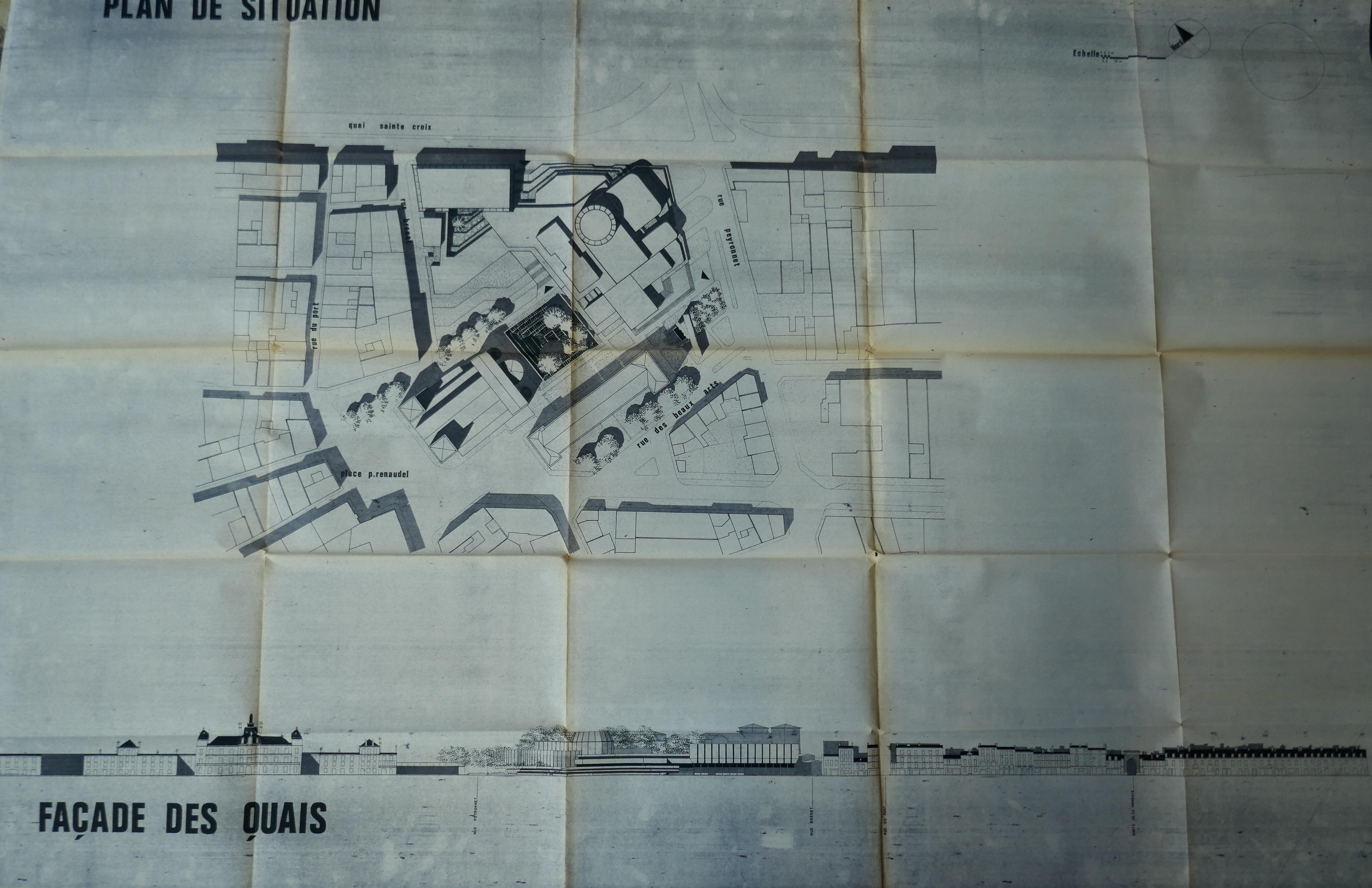 Plan de situation et élévation sur les quais du conservatoire par l'équipe Perrier-Mothe, 1975.