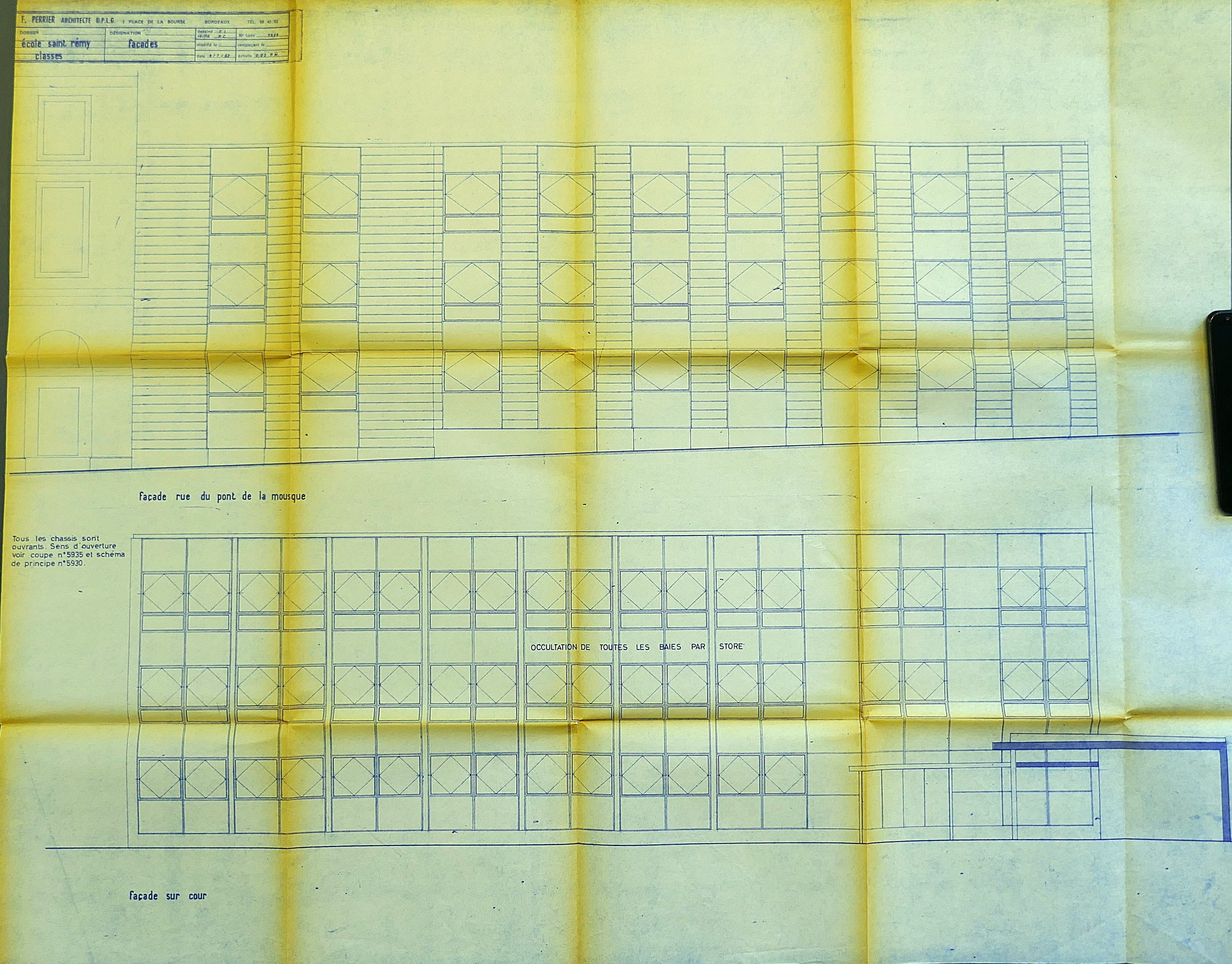Élévations du bâtiment des classes par l'architecte Francisque Perrier en 1962.